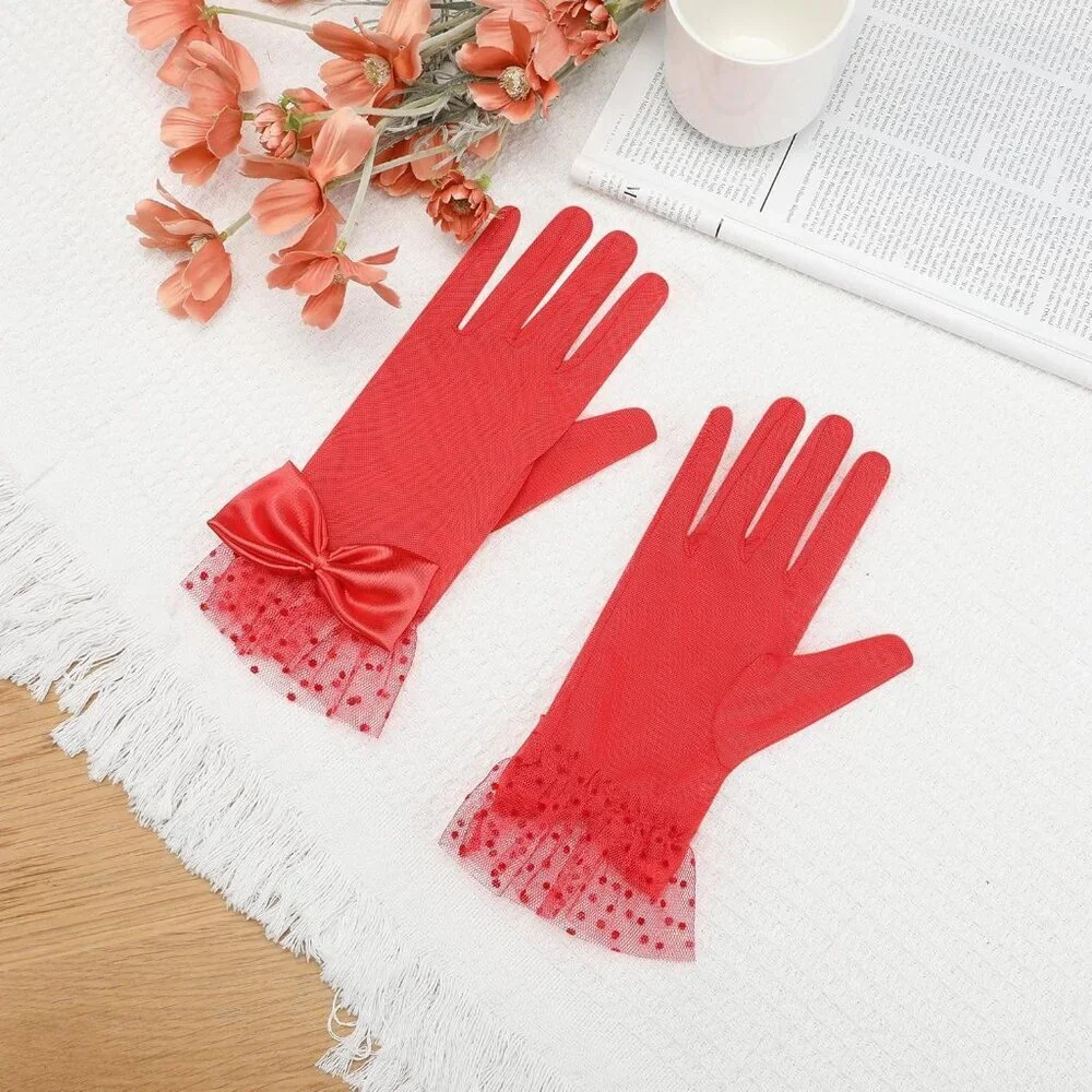 Women's Short Red Lace Bow  Polka Dots Gloves Mesh Wedding Tea Party Prom